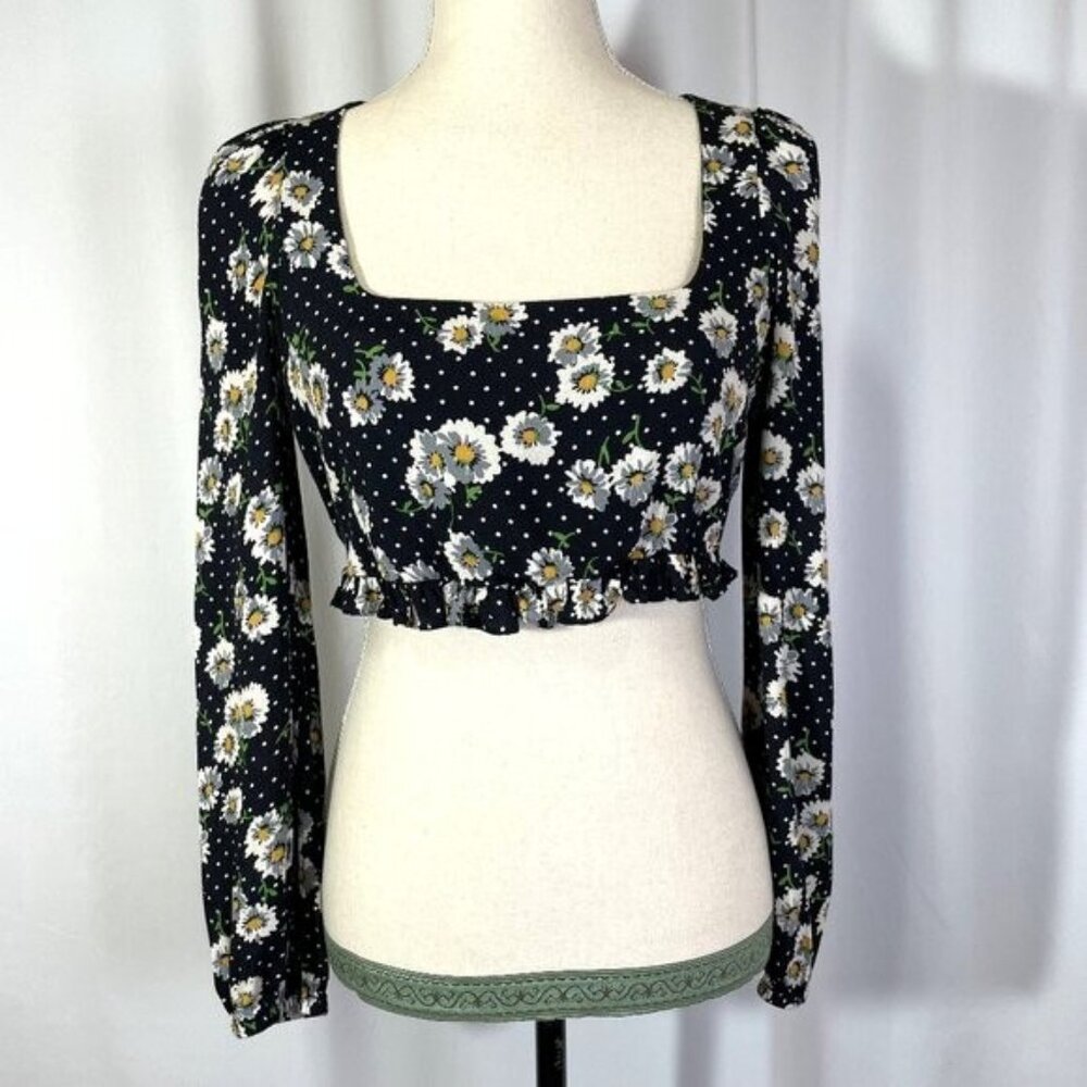 Zara Crop Top Black Daisy Polka Dots Long Sleeves Boho Floral Size S
